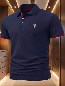 Rabbit Head Skull Embroidered Contrasting Collar Polo Shirt - Summer Men's Slim Fit Elastic Business Casual Versatile Top - Màu xanh hải quân - Xem 1