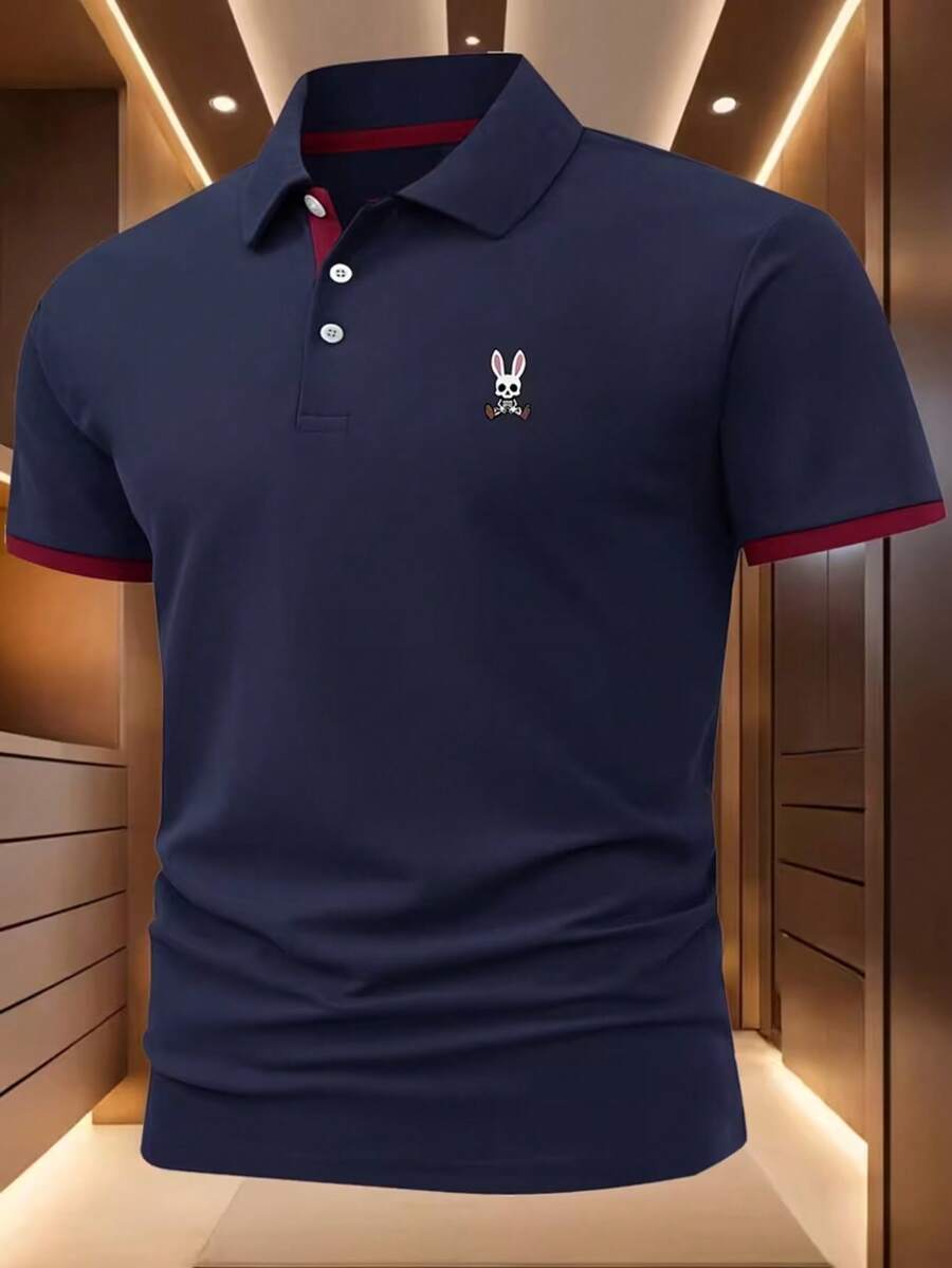 Rabbit Head Skull Embroidered Contrasting Collar Polo Shirt - Summer Men's Slim Fit Elastic Business Casual Versatile Top - Màu xanh hải quân - Xem 1
