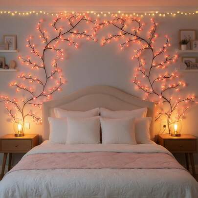 Lumières de branche d'arbre LED de cerisier pour mur, guirlande de décoration de vigne de saule de fleurs de cerisier avec 96 lumières LED, 8 modes d'éclairage, décorations de Noël d'intérieur pour la maison, le mur, la porte, la fenêtre