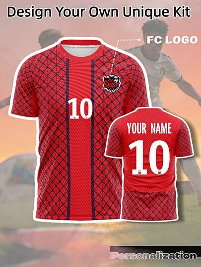 1pc Customized Men's Red Paris Special Edition Football Jersey: Can Add Your Name And Number, Bold Red Base Color With Dark Blue Geometric Pattern, Breathable Quick-Dry Fabric, Suitable For Competition And Daily Wear, 2026 World Cup Training Jersey, Valentine's Day Gift