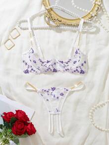 1 Bộ đồ lót gợi cảm dành cho nữ, chất liệu lưới xuyên thấu thêu hoa, viền ren, dây xích vàng, áo ngực và quần lót thiết kế xẻ tà 1/4 có thể điều chỉnh, 2 món. - Nhiều màu - Xem 4