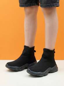 Cross-Border Kids Sneakers, Unisex All-Black Knitted Casual Sock Shoes Slip-On Trainers - Black - View 4