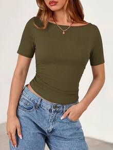 Fall New Arrival Women's Long-Sleeve Top Crop-Top Style Casual Outerwear Boat Neck With Bell Sleeves Ribbed Pleated Design Millennial-Inspired Fashion - Xanh quân đội - Xem 5