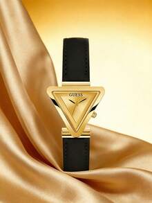 Guess Women's Watch, Unique Triangle Design Ladies Watch, Gold Geometric Case Paired With Black Leather Strap, Minimalist Quartz Wristwatch. GW0548L3 - Gold - View 2