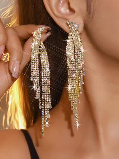 1对多层长流苏几何水晶锆石全镶耳环，时尚水钻耳环，适合搭配晚礼服，日常佩戴闪亮耳环