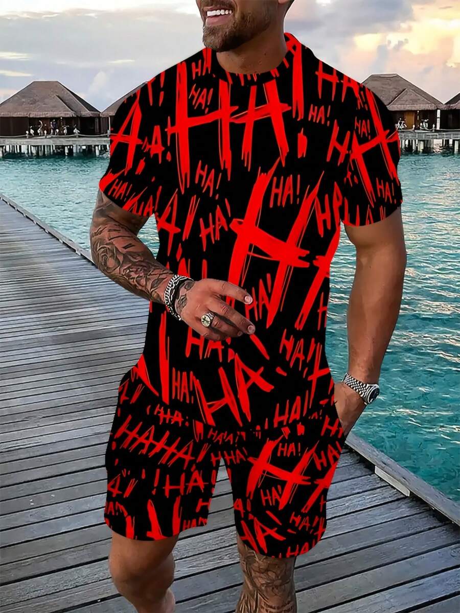Men's Short Sleeved Suit, Dark Background, Men's Comfortable And Breathable Sportswear, Fashionable Summer New Product, Perfect Gift - 彩色 - 查看 1