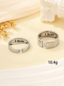 2枚不锈钢（304）银色简约光滑矩形锆石镶嵌情侣戒指 - 銀色 - 查看 3