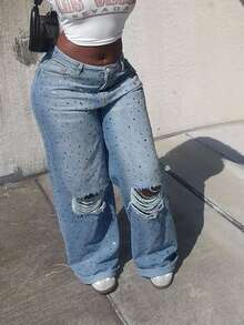 Y2K 水钻装饰宽松直筒破洞牛仔裤，情人节时尚休闲街头风 - 淺色水洗藍 - 查看 4