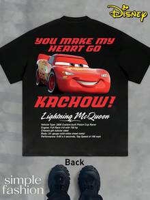 (220 Pure Cotton T-Shirt) Men's Summer Round Neck Short Sleeved Casual Pure Cotton T-Shirt, Printed With Disney's "Cars" Protagonist Lightning McQueen Lightning McQueen - 黑色 - 查看 2