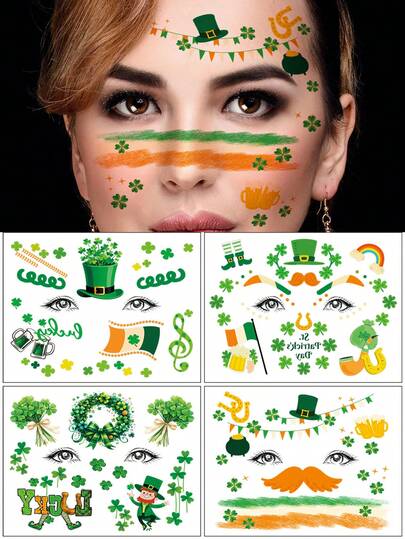 4张圣帕特里克节脸部纹身贴纸，绿色三叶草帽小妖精庆祝元素图案临时纹身，防水假纹身贴纸，适用于脸部化妆，适合派对和庆祝活动