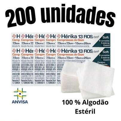 Kit 200un Compressa Gaze Estéril Hidrófila Hérika Cirúrgica Curativo Feridas 13 Fios 7,5cm
