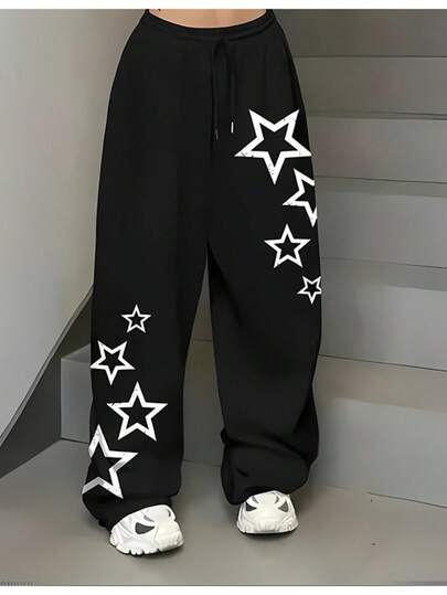 Calça Moletom Wide Leg Unissex Estilo Streetwear Larga Flanelada Estrelas Destacadas Estilosa