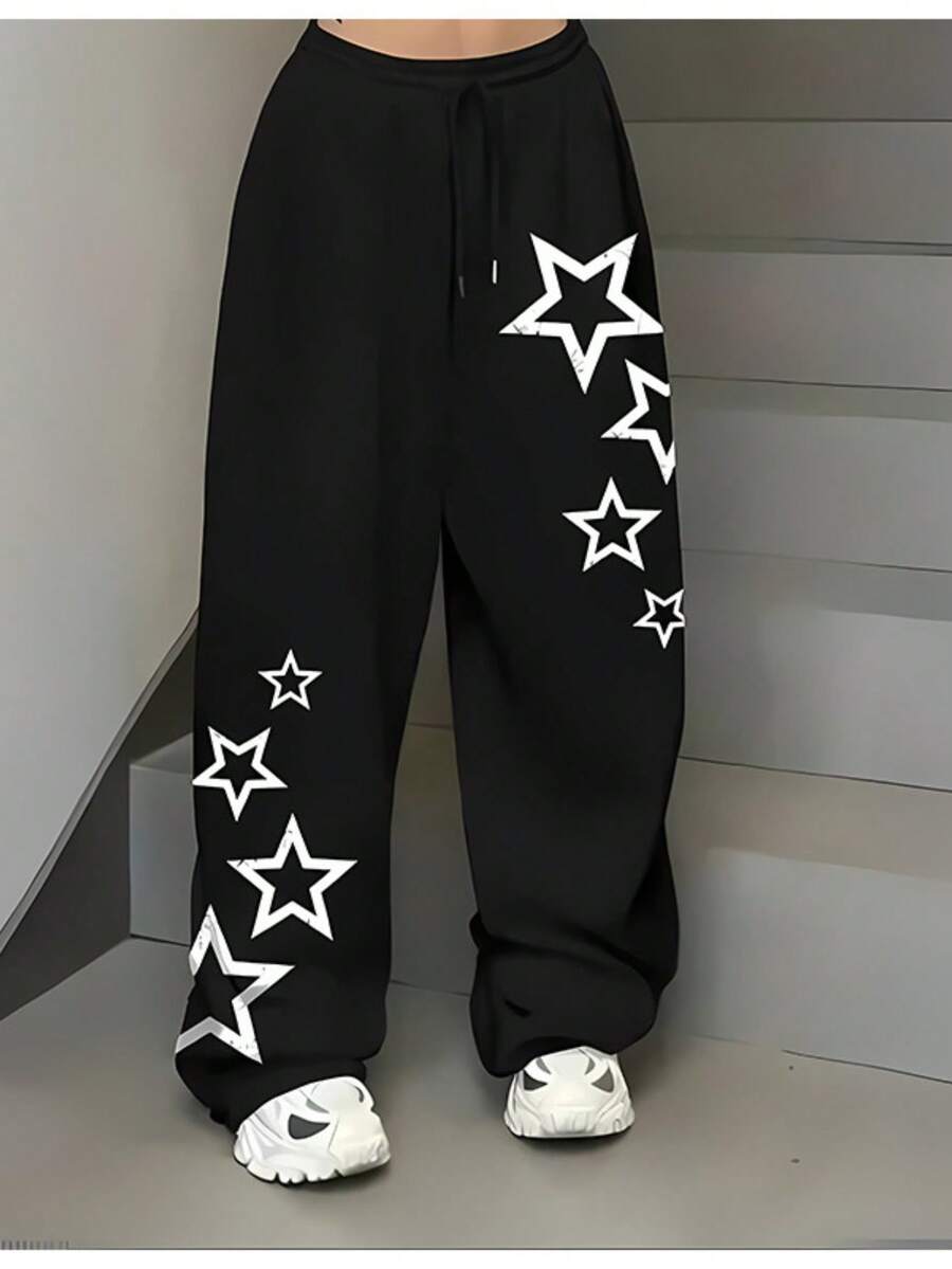 Unisex Wide Leg Sweatpants, Streetwear Style, Loose Fit, Flannel Lined, With Star Print, Stylish - 黑色 - 查看 1