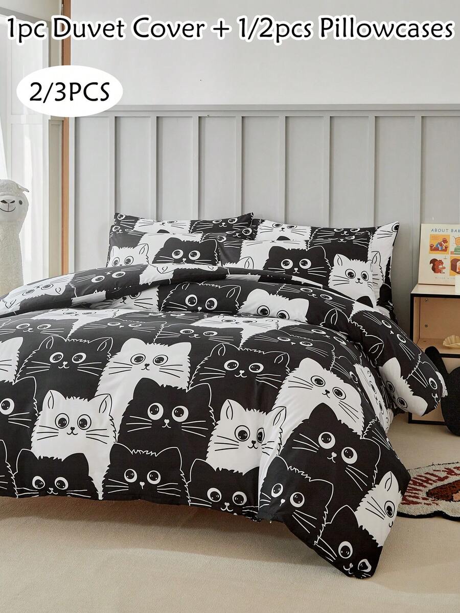 Bộ chăn ga gối trẻ em in hình mèo hoạt hình đen trắng (2/3 món), chất liệu polyester dễ thương, thích hợp cho ký túc xá, phòng trẻ em, mọi mùa, mềm mại và thoáng khí, có thể giặt máy, quà tặng cho bé trai, bé gái, trẻ em (1 vỏ chăn + 1/2 vỏ gối, không kèm ruột gối) - Đen và trắng - Xem 1