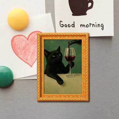 1pc Tipsy Black Cat Fridge Magnet, Framed Decorative Painting, Wooden Mini Wall Art, Lazy Black Cat Enjoying Wine, Unique Home Kitchen Decor, Funny Gift, Must-Have For Cat Lovers