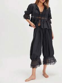 Women Lace Trim Long Bloomers Elastic Mid Rise Ruffle Pantaloons Cropped Flared Slips Pants Pajama - 黑色 - 查看 2