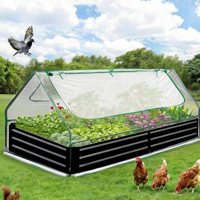 Raised Garden Bed With Cover, Galvanized Metal Planter Box, Mini Greenhouse With Screen Windows For Vegetables And Flowers, Ideal For Backyard Gardening