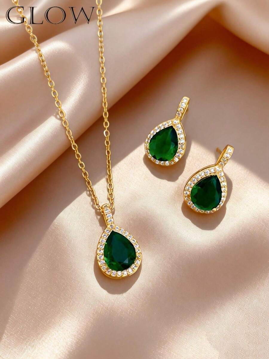 1 Set Elegant French Vintage Luxury Rhinestone Geometric Water Drop Necklace & Stud Earrings Jewelry Set, Suitable For Girls' Daily And Holiday Wear - Green - View 1