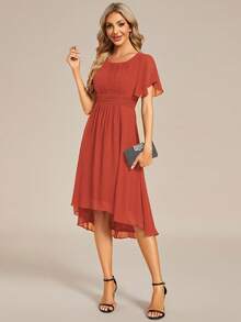 Women's Elegant Ruffle Sleeve Pleated Chiffon Bridesmaid Dress, Formal Evening Gown For Wedding Guest Spring - Burnt Orange - View 7