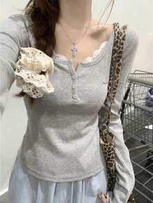 Korean Style Lace Panel Half-Open Collar Button Down Long Sleeve T-Shirt Top, Slim Fit, Autumn/Winter - Grey - View 1
