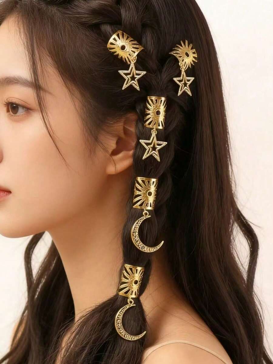 5件套女孩编织发饰组合,月亮和星星图案,时尚个性化金属吊坠装饰,适合Y2K派对、朋克风,可用于发髻、编发、音乐节、舞会、节日派对、发夹、发卡、发卡、发卡、夏季、旅行 - 彩色 - 查看 1