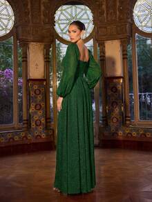 Faeriesty 优雅方领长灯笼袖女士派对长裙 | 可拆卸腰带，褶皱腰部设计饰以水钻，高开衩，闪亮面料，修身剪裁，适合新年婚礼春季穿着 - 墨綠色 - 查看 2