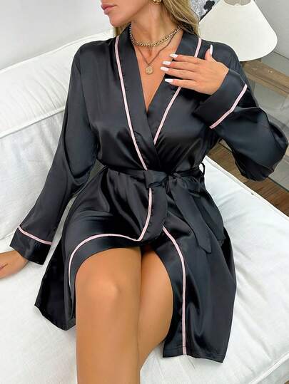 2 piezas Bata corta elegante de unicolor con lazo para mujer, ligera y suave de seda, cómoda ropa de dormir, pijama rosa acogedor