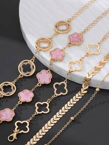 5pcs/Set Classic Hollow Rhinestone Clover & Airplane Chain Bracelets For Women, Pink Lucky Leaf Versatile Stackable Bracelet Set (No Gift Box. Due To Handmade Cutting, Bead Chain Quantity Is Random But Fixed Length, Won't Affect Wearing Effect) - Pink - View 5