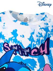 Disney Summer Young Girls Stitch Cute Short Sleeve T-Shirt And Shorts Set, Stitch Cartoon Print, Stretchy Solid Color Pants, Suitable For Children's Daily Wear, Great Gift - Blue - View 3