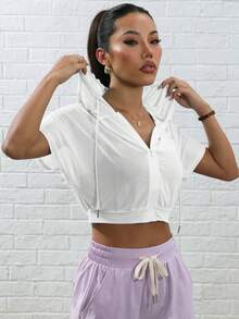 Women's 1pc White Mesh Sheer Short Zip-Up Hooded Jacket, Summer Sports Style - White - View 5