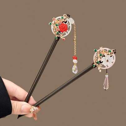 2pcs New Chinese Style Elegant Folding Fan & Flower Hair Clip, Tassel Hairpin, Ancient Chinese Costume Accessories