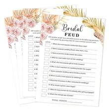Juegos de ducha nupcial de otoño Juego de Feud Nupcial Tarjetas de juego con estilo bohemio floral Suministros para despedida de soltera Conjunto de 25 tarjetas de juego y 1 tarjeta de respuestas Colores de otoño Juegos interactivos divertidos para fiestas de compromiso y bodas - Pelea nupcial - Ver 6