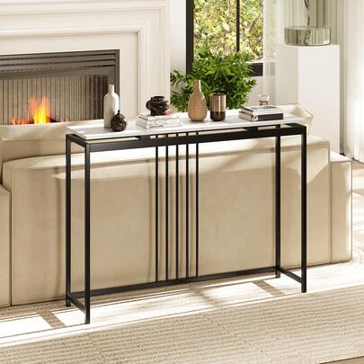  COSTWAY Console Table, 47" Narrow Entryway Table With Faux Marble Tabletop, Modern Behind Sofa Table With Heavy-Duty Metal Frame For Living Room, Entrance, Hallway, White