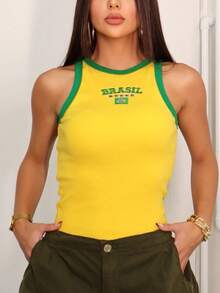 Women's Tank Top Blouse With Brazil Embroidery, Ribbed Knit. One Size. 2026 World Cup Fashion, Brazil Core, Rio. - Màu vàng - Xem 2