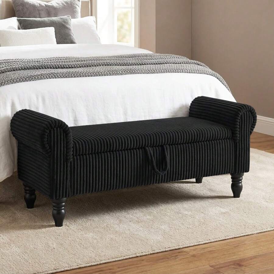 51.5 Inch Storage Bench For Bedroom End Of Bed, Bedroom Bench Mid-Century Upholstered Bed Bench With Rolled Armed, Ottoman Storage, Bench With Storage For Bedroom, Bedroom Essentials - Black-corduroy - View 1