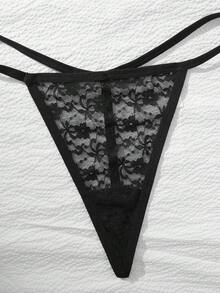 一套性感蕾丝三角杯女士文胸和丁字裤内衣套装 - 黑色 - 查看 5