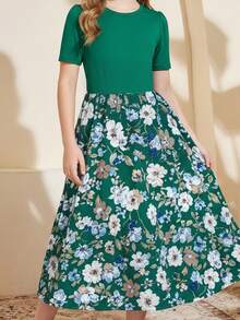 Girls' Ink Flower Print Patchwork Round Neck Short Sleeve Casual Dress, Suitable For Older Tween Girl - Green - View 3