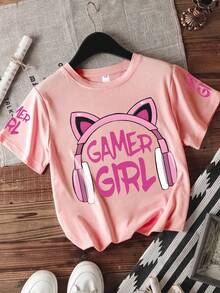 2件套少女创意印花T恤短裤套装，街头风休闲装，适合上学和日常穿着，春夏新品 - 粉色 - 查看 3