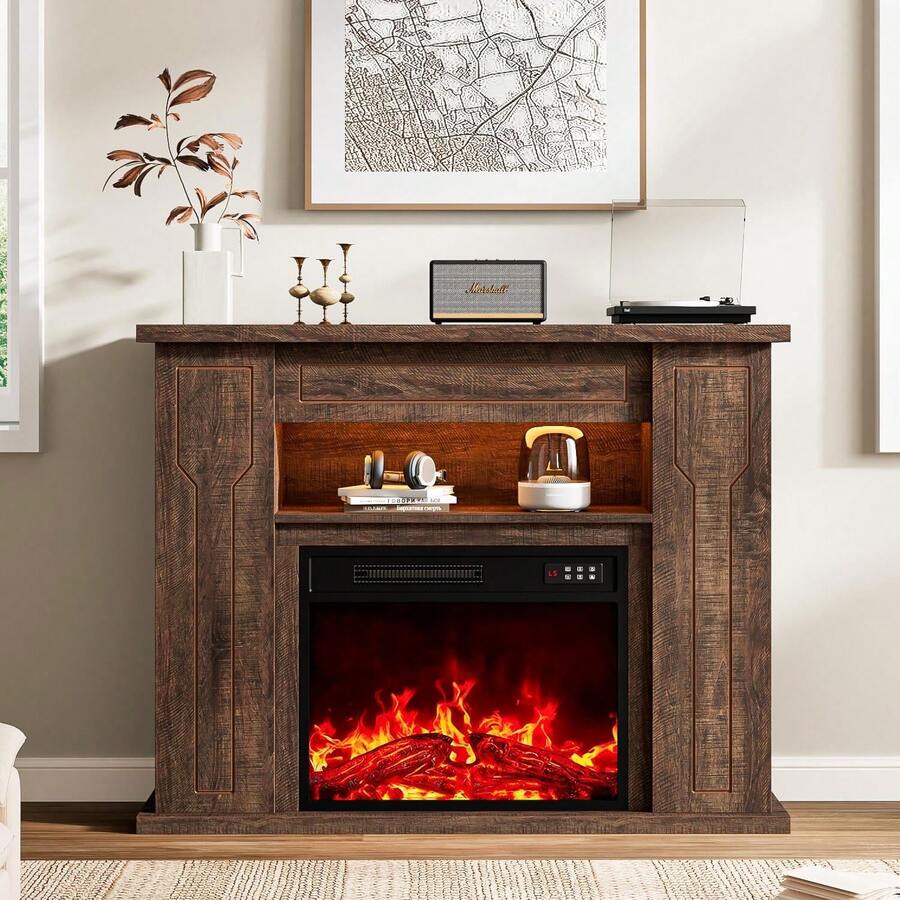 43" Electric Fireplace With Mantel,   Faux 23" Fireplace Insert For Living Room With Remote Control, Wooden Black Electric Fireplace Surround With MantelAdjustment 3D Led Flame - 查看 1