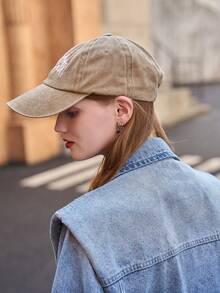 LEAJOURNO. 1顶男女通用秋冬水洗字母刺绣复古美式做旧棒球帽，韩版 - 卡其色 - 查看 4