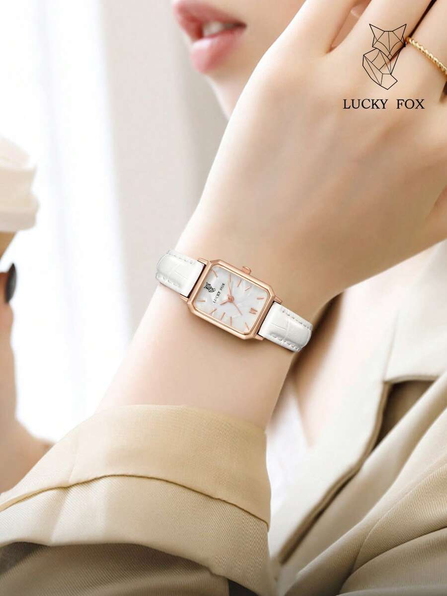 LUCKYFOX 1pc Battery Operated Square Dial Quartz Watch, Elegant Minimalist Design, Suitable For Teenage Girls, Students, Back To School - White - View 1