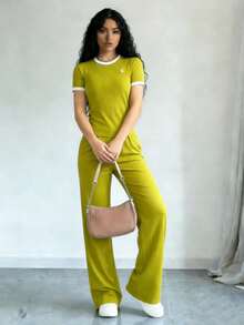 Set de 2 piezas para mujer con camiseta de manga corta de unicolor y pantalones con cordón en la cintura, estilo casual - Verde militar - Ver 6