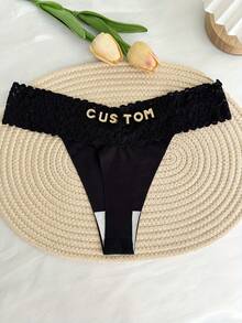 Customized Name Sparkling Crystal Alphabet Thong, Personalized Low-Waist Underwear, Sexy Lace Flower Heart Shaped Love Crystal Pattern, Breathable Ice Sliky Fiber Fabric Triangle Panties, Single Party Personalized Gift, Bride Wedding Customized Underwear, Couples Customized Gift, Personalized Gift For Girlfriend/Wife/Lover's Anniversary/Valentine's Day/Birthday/Marriage/Bedroom/Holiday - 黑色 - 查看 4