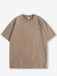 American Retro Style, 230g Heavyweight Washed Distressed Short-Sleeved T-Shirt For Men. High-Weight Pure Cotton, Thick And Opaque, With A Snowflake Wash Process. Loose, Drop-Shoulder, Oversized Fit. Street Style, Versatile, Basic, Suitable For Everyday Wear, Commuting, And Casual Wear. - Mocha Brown - View 4