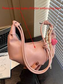 1 chiếc túi đeo vai PU màu trơn, túi xách hình lưỡi liềm thời trang dung tích lớn phù hợp cho phụ nữ trưởng thành, trang phục thanh lịch và đi chơi - Hồng - Xem 2