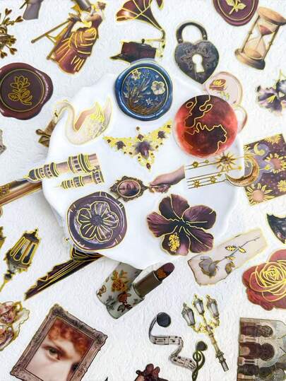 50pcs European Court Style Sticker Retro Art Gilding PET Transparent Decals For Watter Bottle Laptop Computer Fridge Stationery Diary Phone Case DIY Decorate Sticker