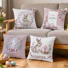 4 pezzi Federe per cuscini con stampa di coniglietti, uova e motivi floreali per Pasqua, stampate su un lato, adatte per soggiorno, camera da letto, decorazione della casa, per tutte le stagioni - Multicolore - Visualizzare 7