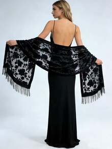1pc Black Elegant Velvet Fashion Versatile Unique Charming Long Tassel Shawl Scarf, Suitable For Evening Party - Black - View 1