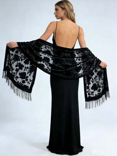 1pc Black Elegant Velvet Fashion Versatile Unique Charming Long Tassel Shawl Scarf, Suitable For Evening Party