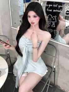 Sexy Blue Bowknot Strap Camisole Tank Top, Waist Cinching Slim Fit Tube Top For Summer - Blue - View 2